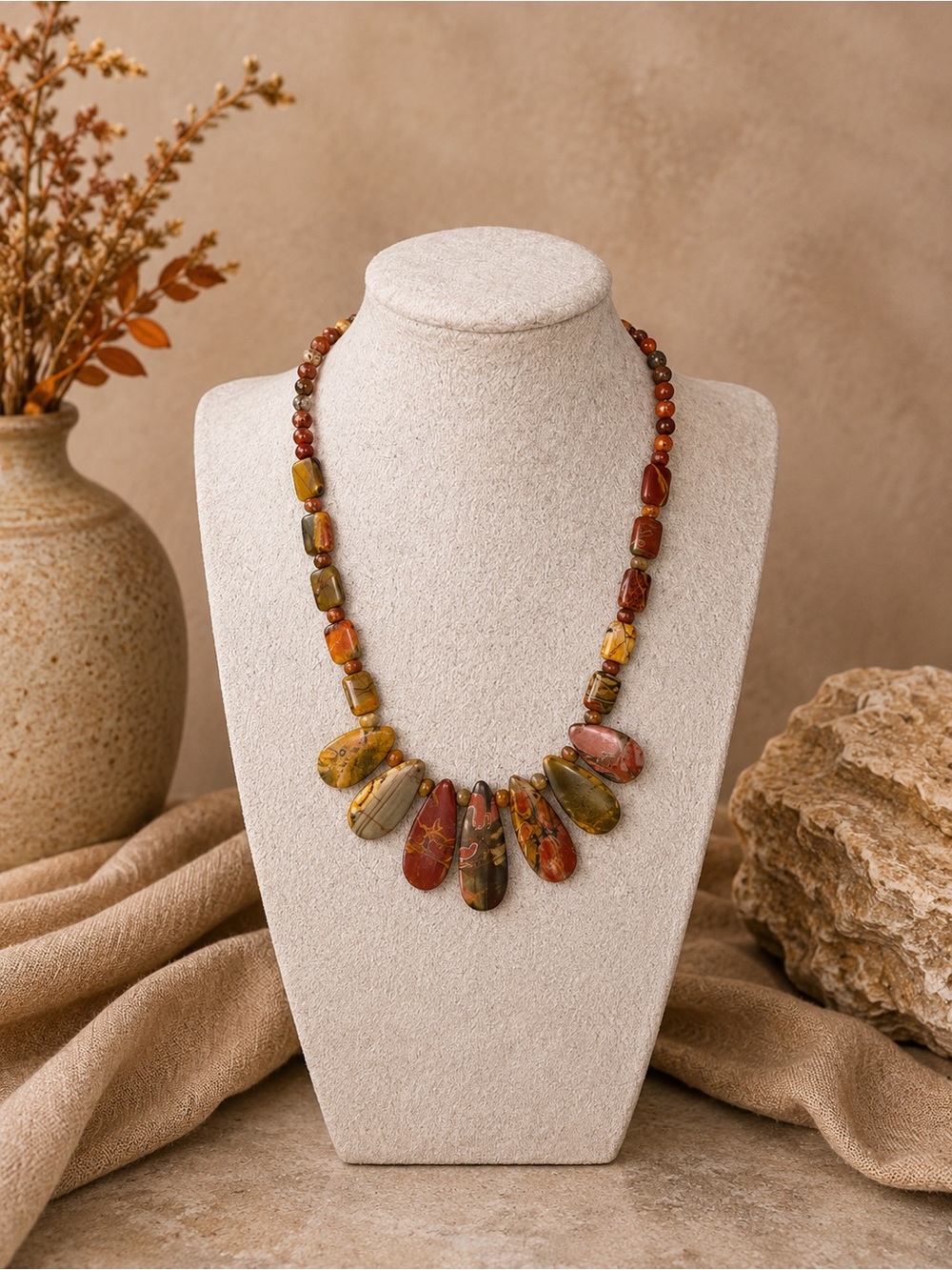 Natural Picasso Jasper Teardrop Statement Necklace in Earth Tones